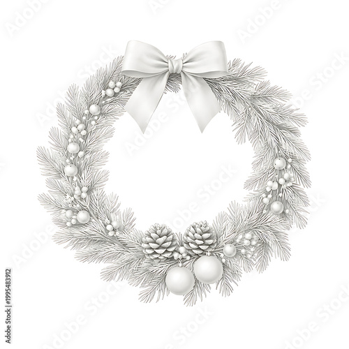 A christmas wreath with white decorations and bow