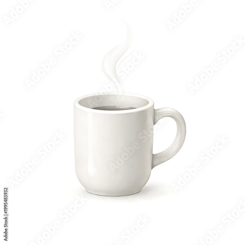 A white ceramic mug with steam rising from it