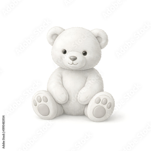 A white teddy bear sitting upright with paws out
