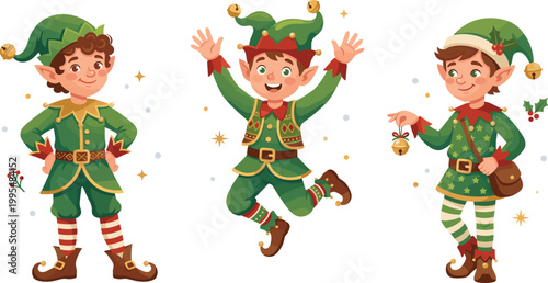 Christmas Elf Characters Set with Cute Cartoon Helpers in Festive Costumes Jumping Standing and Holding Bells for Holiday Illustration Designs