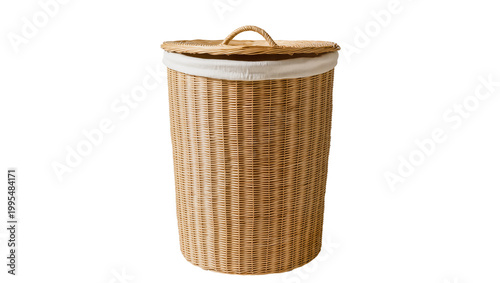 Fotografie Tall woven wicker laundry hamper with lid and fabric liner, isolated on transpar