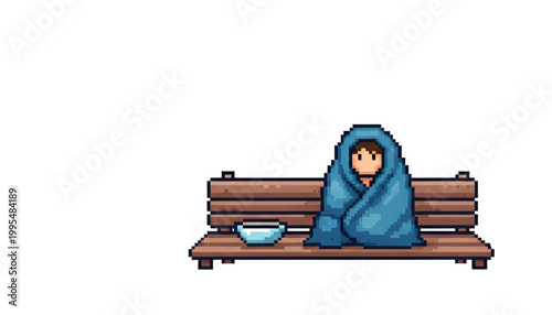 Pixel Art Homeless Person Sitting on Park Bench Wrapped in Blanket