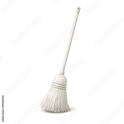 A white push broom with a long handle