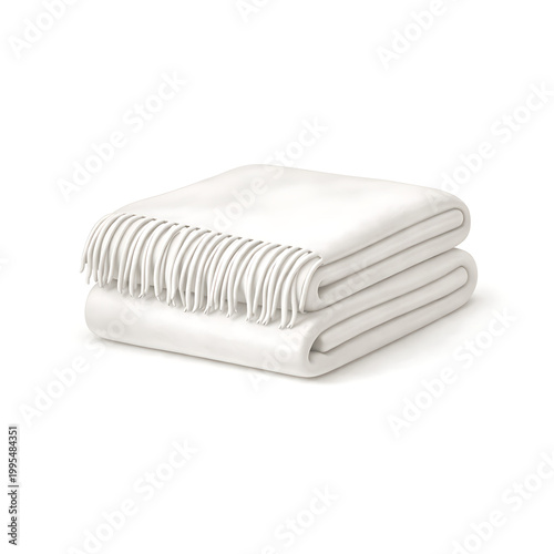 A folded white blanket with brown stitching