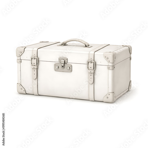 A white leather suitcase with metal hardware