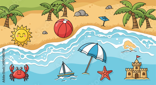Cartoon summer beach landscape vector, tropical coast with palm trees and sandcastle, sunny seaside vacation background with ocean waves