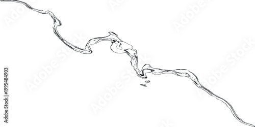 Abstract black and white image of a dynamic, swirling fluid line creating a turbulent pattern on a pristine white background.