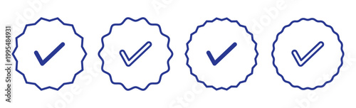 Blue Verified badge icon set. Blue tick check with social media account icon. Set of check mark icons. approved profile sign. white tick in blue circle. Social media official account tick symbol.