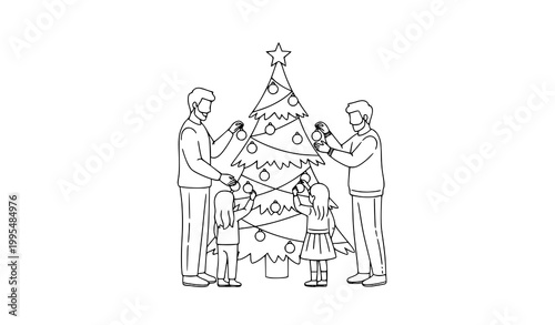 Minimal family decorating Christmas tree doodle line art vector illustration simple holiday coloring page design