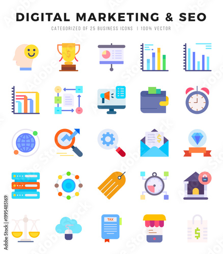 DIGITAL MARKETING & SEO Flat icons collection. 25 icon set. Vector illustration.