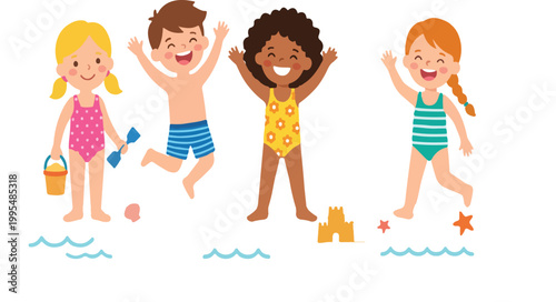 Kids Beach Outfit Collection for Summer Fashion and Retail Branding Flat Vector Illustration