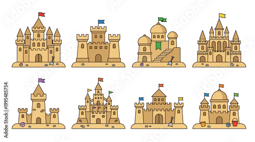 Multiple creative sandcastle illustrations feature different towers and colorful flags to build a fun collection of various whimsical summer structures