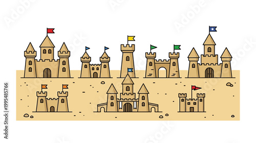 Various sandcastles with colorful flags feature architectural designs like tall towers and defensive walls for a creative beach day theme