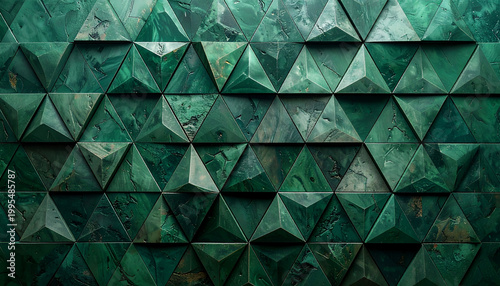A striking close-up showcases a textured wall composed of numerous dark green triangular tiles, creating a geometric and visually captivating pattern.