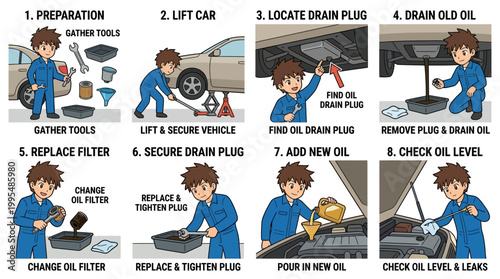 An illustrated step by step guide shows a cartoon mechanic performing essential car maintenance tasks like changing engine oil filters