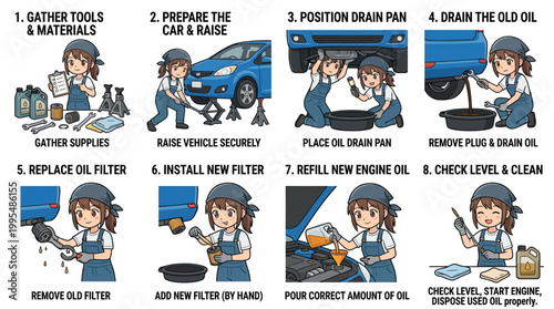 A female mechanic performs an eight step automotive oil change tutorial featuring clear instructions for vehicle maintenance and engine fluid care
