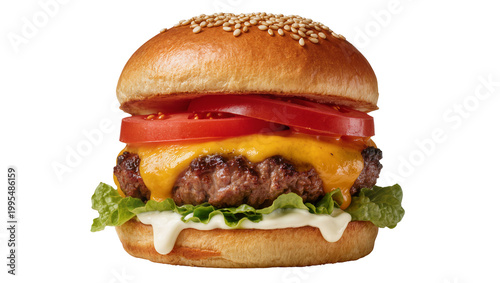 Tableau sur toile Juicy cheeseburger with melted cheddar cheese and fresh tomato slices, isolated
