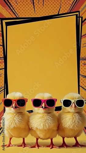 ひよこ三羽とサングラスが下部で映える漫画風コマ割りフレーム背景の縦動画