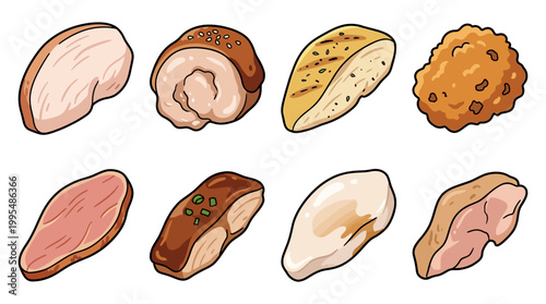 Hand drawn collection of various chicken meat cuts and prepared poultry portions for healthy cooking and culinary recipe food designs