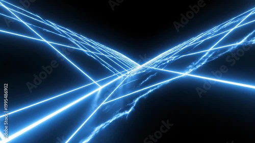 Abstract digital composition featuring glowing neon blue diagonal lines and grid patterns on a dark black background, representing data flow, high-speed connectivity, and futuristic technology.