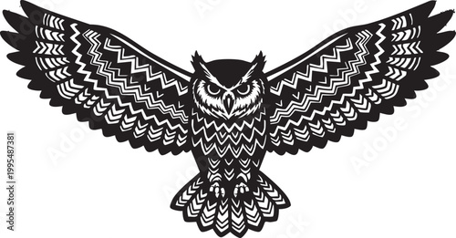 Black and white owl with spread wings