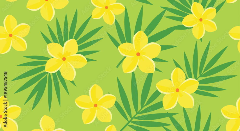 Fototapeta premium Yellow Plumeria and Palm Leaves. Seamless Pattern. Tropical Floral Design. Botanical Illustration.