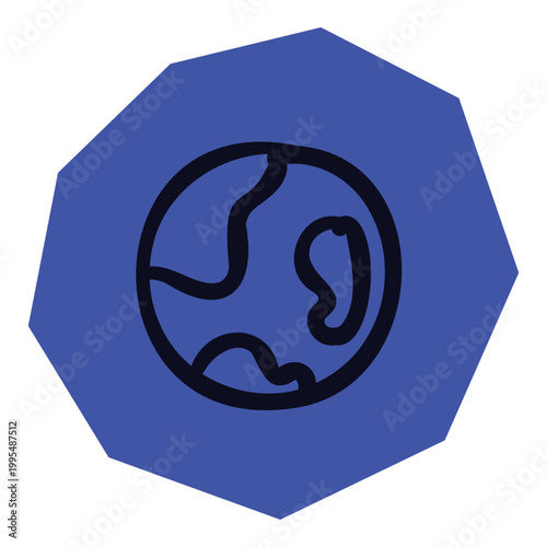 Hand drawn black outline globe icon on blue irregular shape for scrapbook and journal. Vector illustration design.