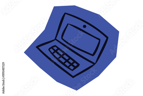 Hand drawn black outline laptop icon on blue irregular shape for Scrapbook and Journal. Vector illustration design.