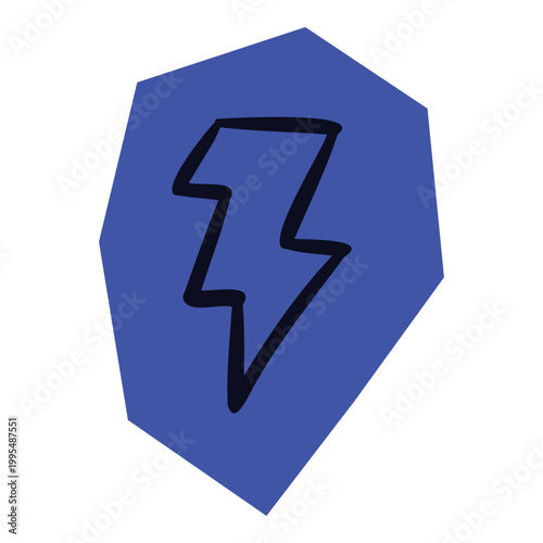 Hand drawn black outline lightning bolt icon on blue irregular shape for scrapbook and journal. Vector illustration design.
