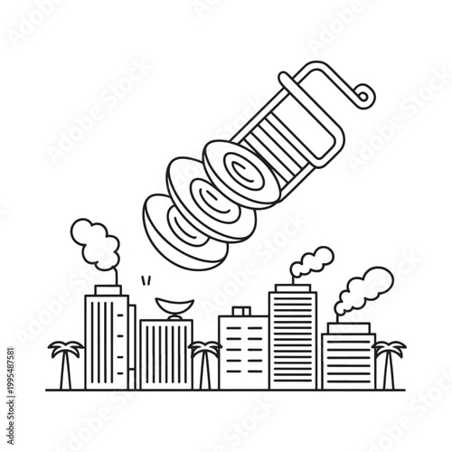 A whimsical illustration depicting a skewer of food towering over a city