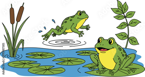 Photos Cartoon Frogs on Pond with Lily Pads, Jumping and Sitting, Surrounded by Green P
