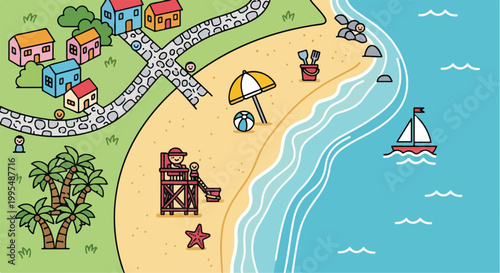 Cartoon beach landscape vector illustration, coastal village with colorful houses and palm trees, summer vacation seaside scene with lifeguard