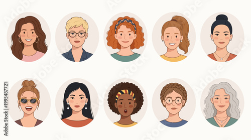 Female Face Avatar Vector Set – Beautiful Women Cartoon Character Collection