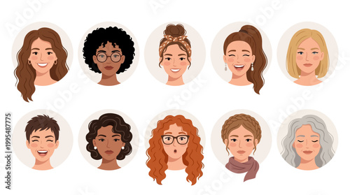 Female Face Avatar Vector Set – Beautiful Women Cartoon Character Collection