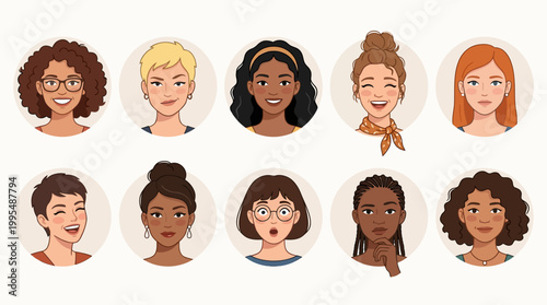 Female Face Avatar Vector Set – Beautiful Women Cartoon Character Collection
