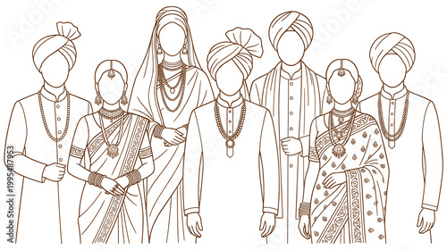 Indian wedding traditional attire drawing with bride and groom outline.