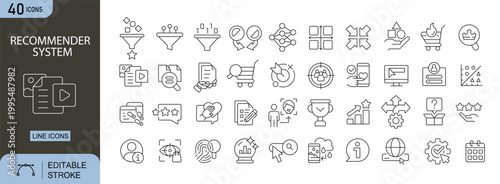 Recommender system icons set representing personalized suggestions, data analysis, user behavior, algorithms, machine learning, content filtering, prediction and digital systems. Editable stroke.