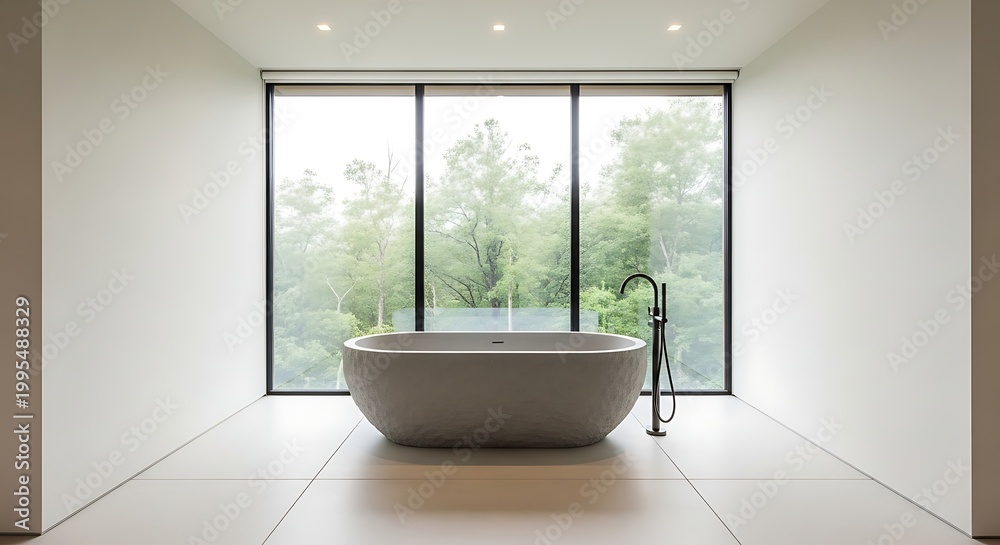 Fototapeta premium Modern freestanding bathtub with large window view of green trees and nature, minimalist bathroom design, luxury home interior, natural light
