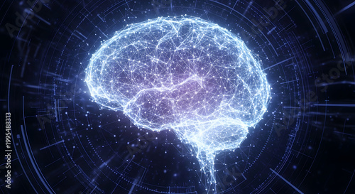 A glowing digital representation of a human brain composed of interconnected nodes and circuitry high quality