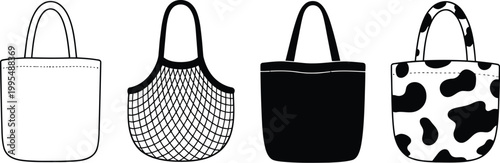 Set of Four Shopping Bags with Handles, Vector Illustration Featuring Different Bag Styles for Retail, Packaging, E Commerce, Fashion Stores, and Consumer Shopping Concepts