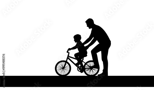 Father helping child learn bicycle ride silhouette vector illustration family first bike experience without stabilisers isolated on white background