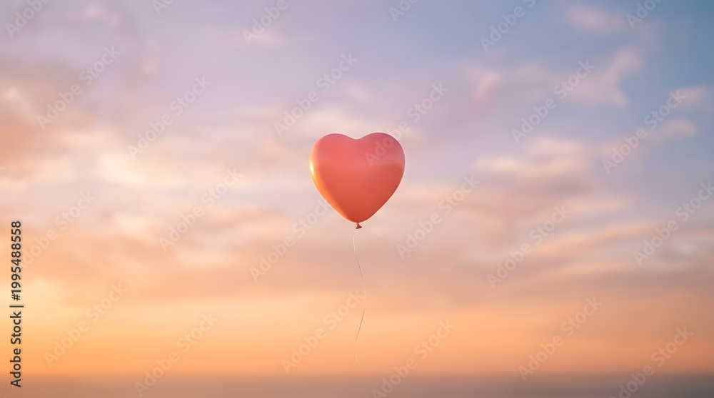 Fototapeta premium Single red heart shaped balloon floating in sunset sky