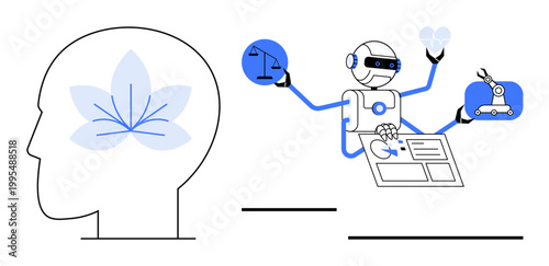 AI and technology, mindfulness, decision-making, robotics, automation, balance. A robotic figure managing tasks and a head mindfulness. AI in technology and mindfulness concepts