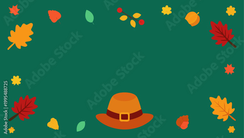 Colorful autumn leaves and acorn on a dark green background