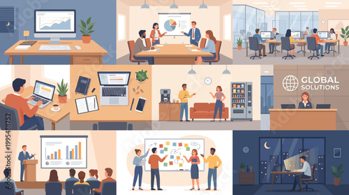 A comprehensive collage depicting various aspects of modern office life, including meetings, presentations, individual work, and team collaboration in different professional settings.