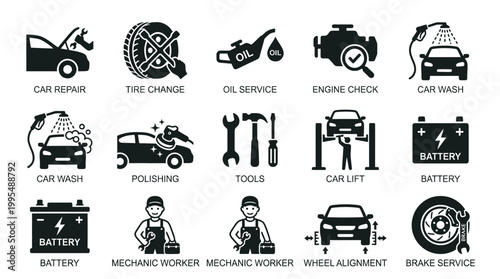 Collection of black and white icons representing various car repair, maintenance, and service tasks, including mechanics and tools.