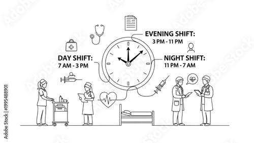 High Quality Black Continuous Line Art Hospital Staff Working Hours Healthcare Time Management Medical Team Vector Illustration