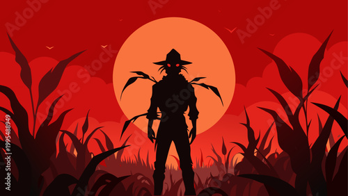 Silhouette of a person standing in a field under a full moon