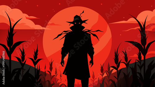 Silhouette of a warrior standing against a fiery sunset