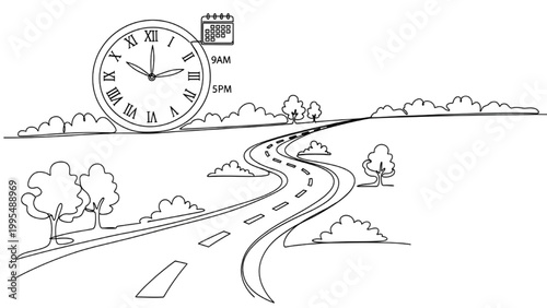 High Quality Black Continuous Line Art Road and Working Hours Concept with Clock Path Journey Time Management Vector Illustration